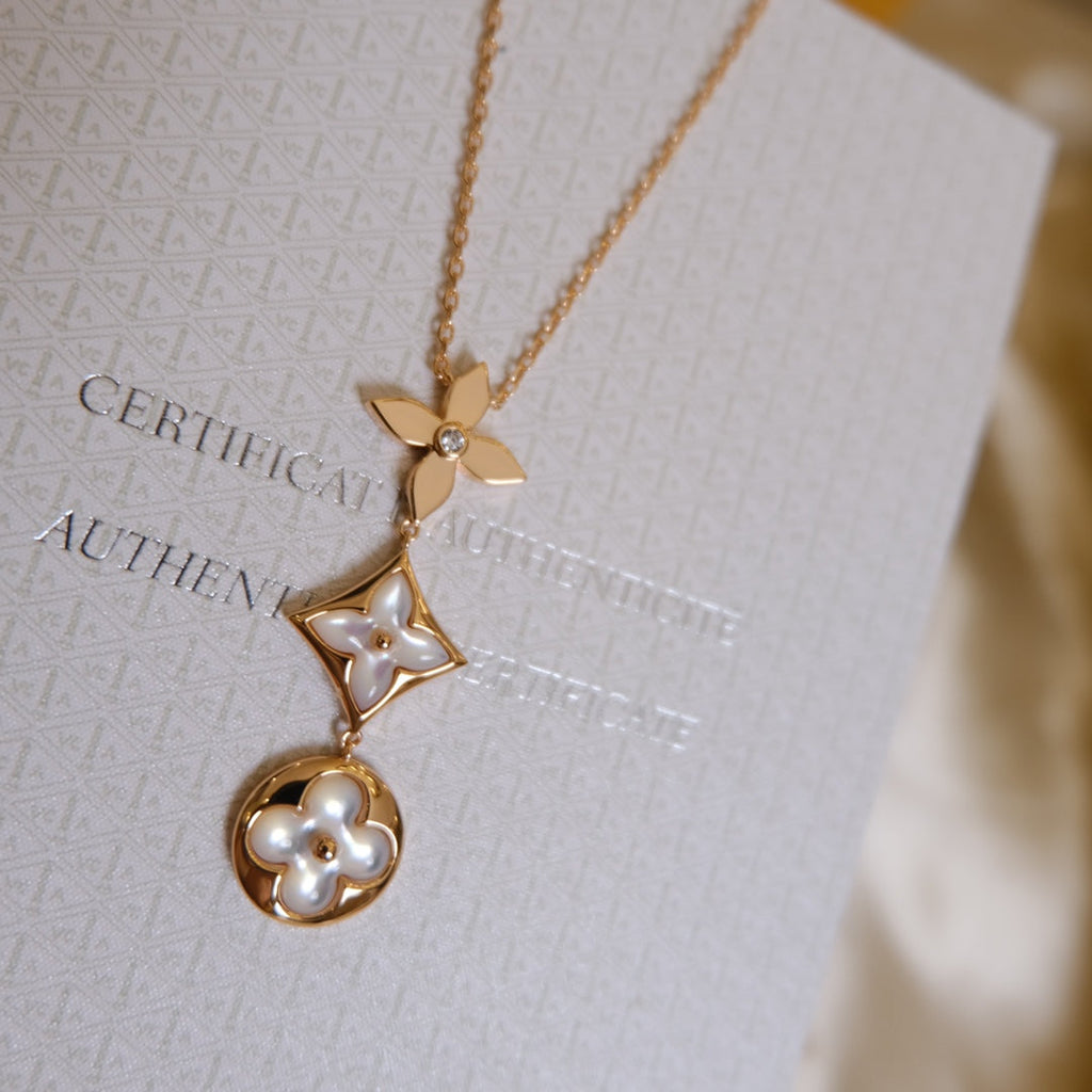 [Lumi Jewels]COLOR BLOSSOM LARIAT NECKLACE PINK GOLD WHITE MOTHER PEARL AND DIAMOND