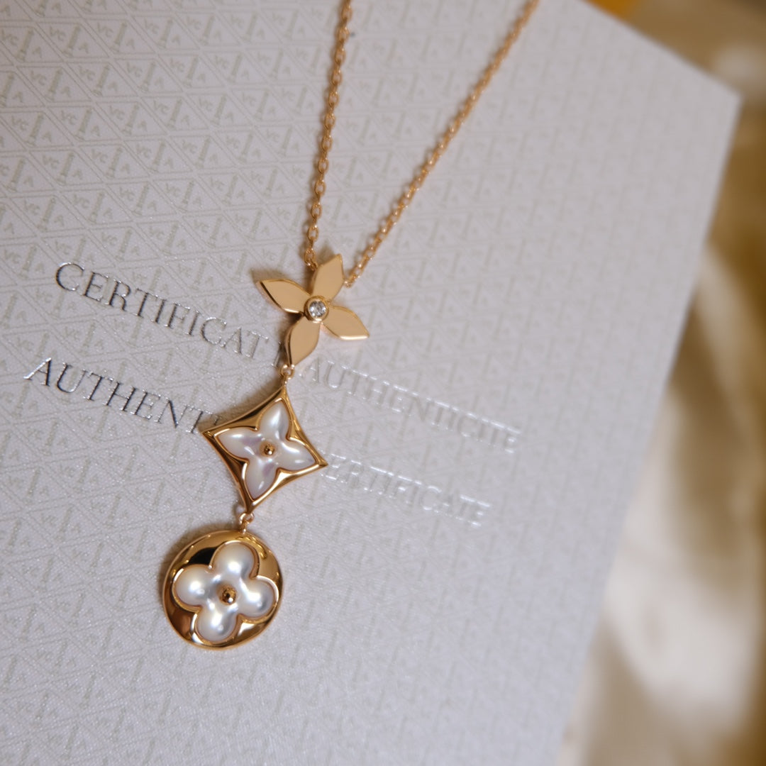 [Lumi Jewels]COLOR BLOSSOM LARIAT NECKLACE PINK GOLD WHITE MOTHER PEARL AND DIAMOND