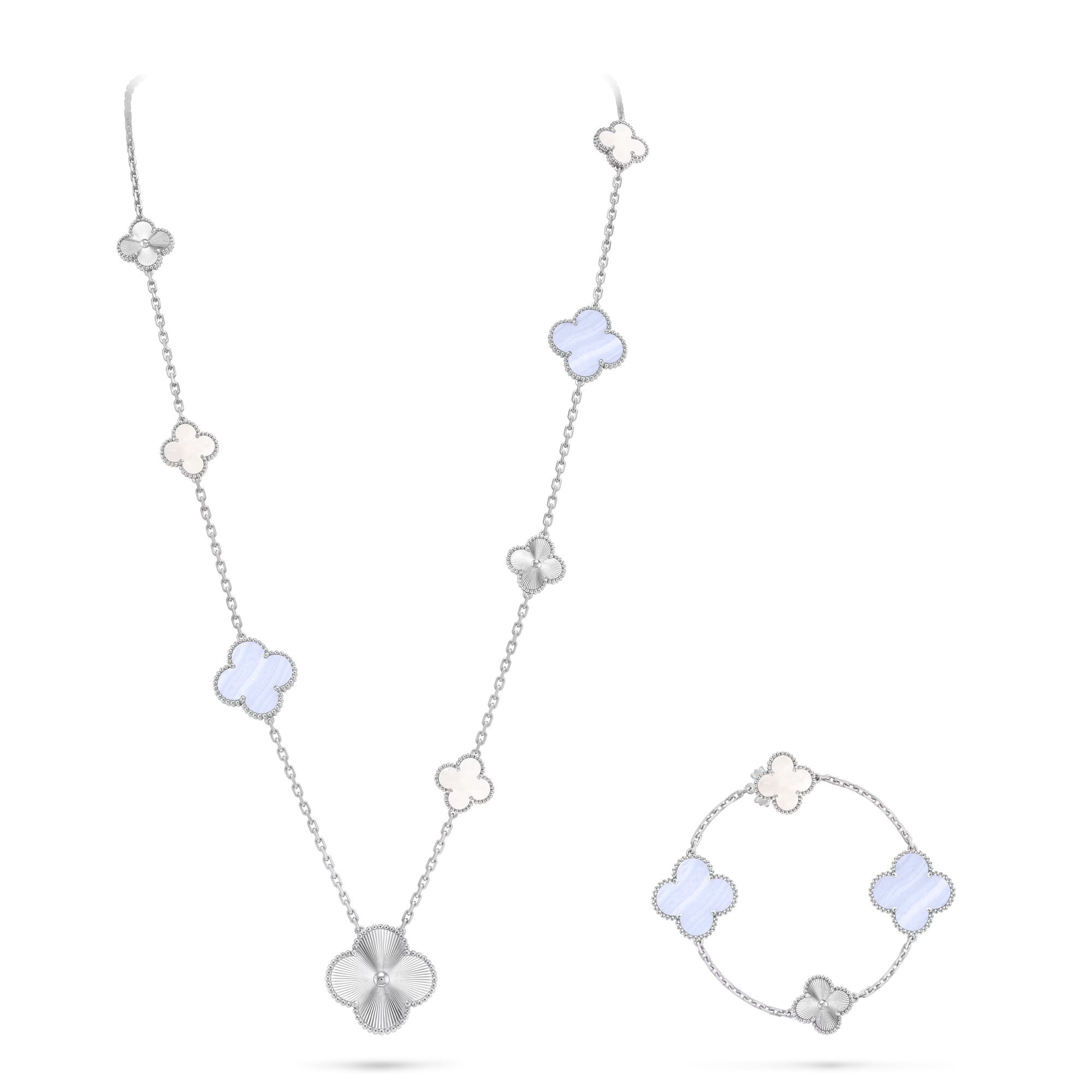 [Lumi Jewels]DETACHABLE CLOVER 15(11+4) FLOWER SILVER NECKLACE SET