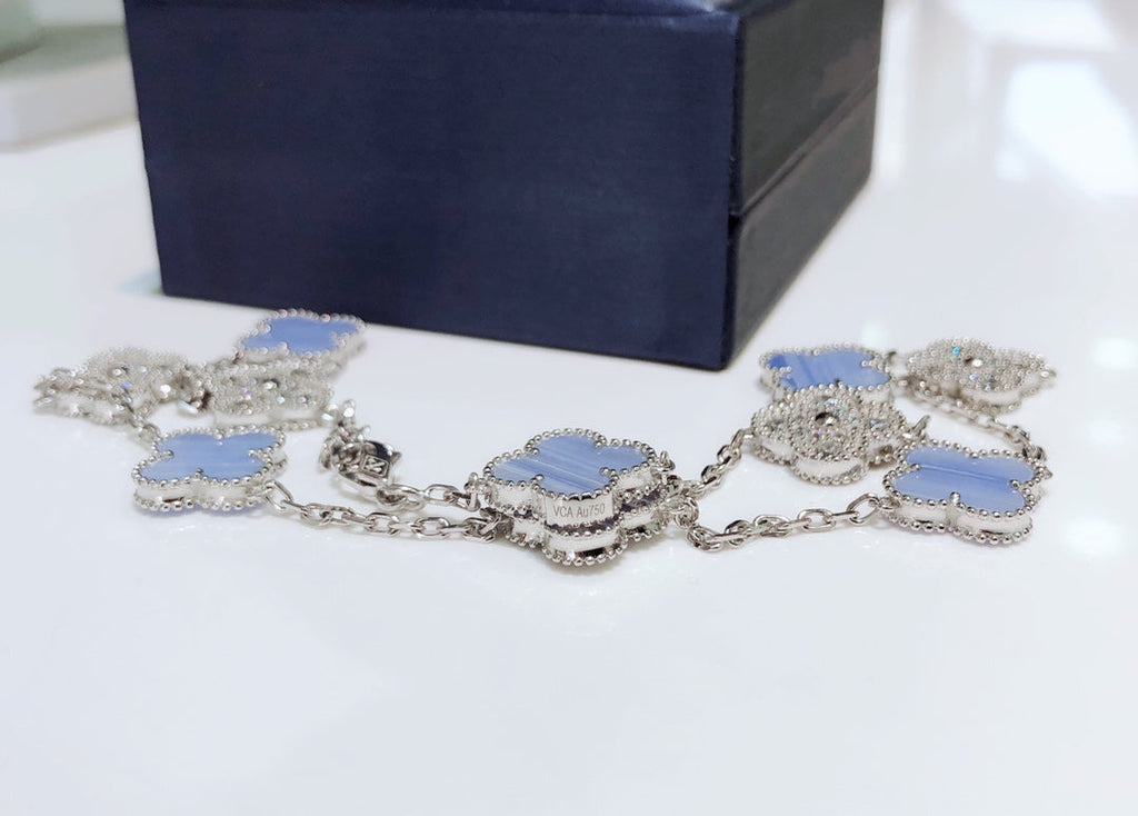 [Lumi Jewels]CLOVER 10 MOTIFS CHALCEDONY DIAMONDS SILVER NECKLACE