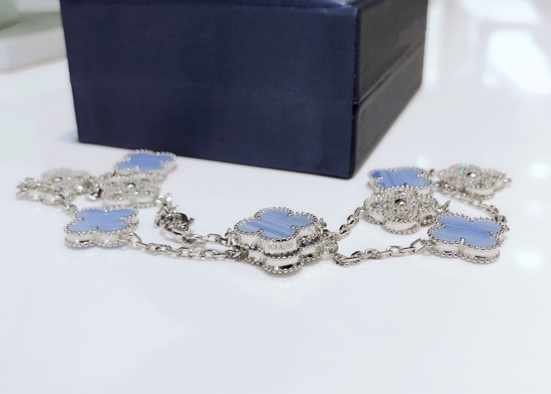 [Lumi Jewels]CLOVER 10 MOTIFS CHALCEDONY DIAMONDS SILVER NECKLACE